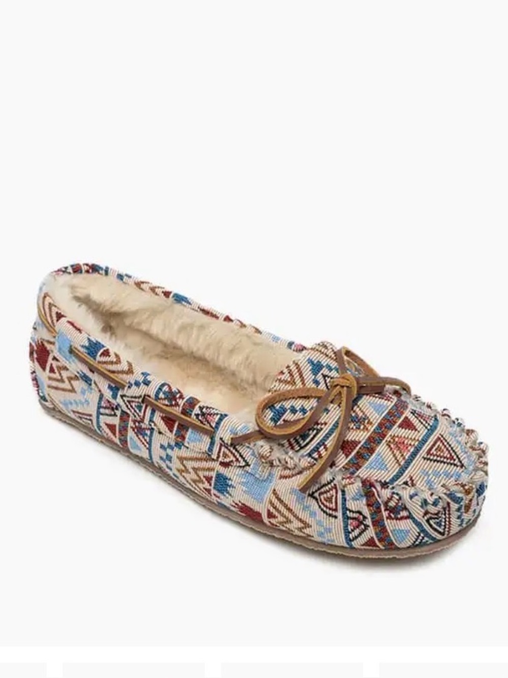 Women’s Minnetonka Cally Western Pattern Sherpa Lined Leather Tie slippers Sz 8